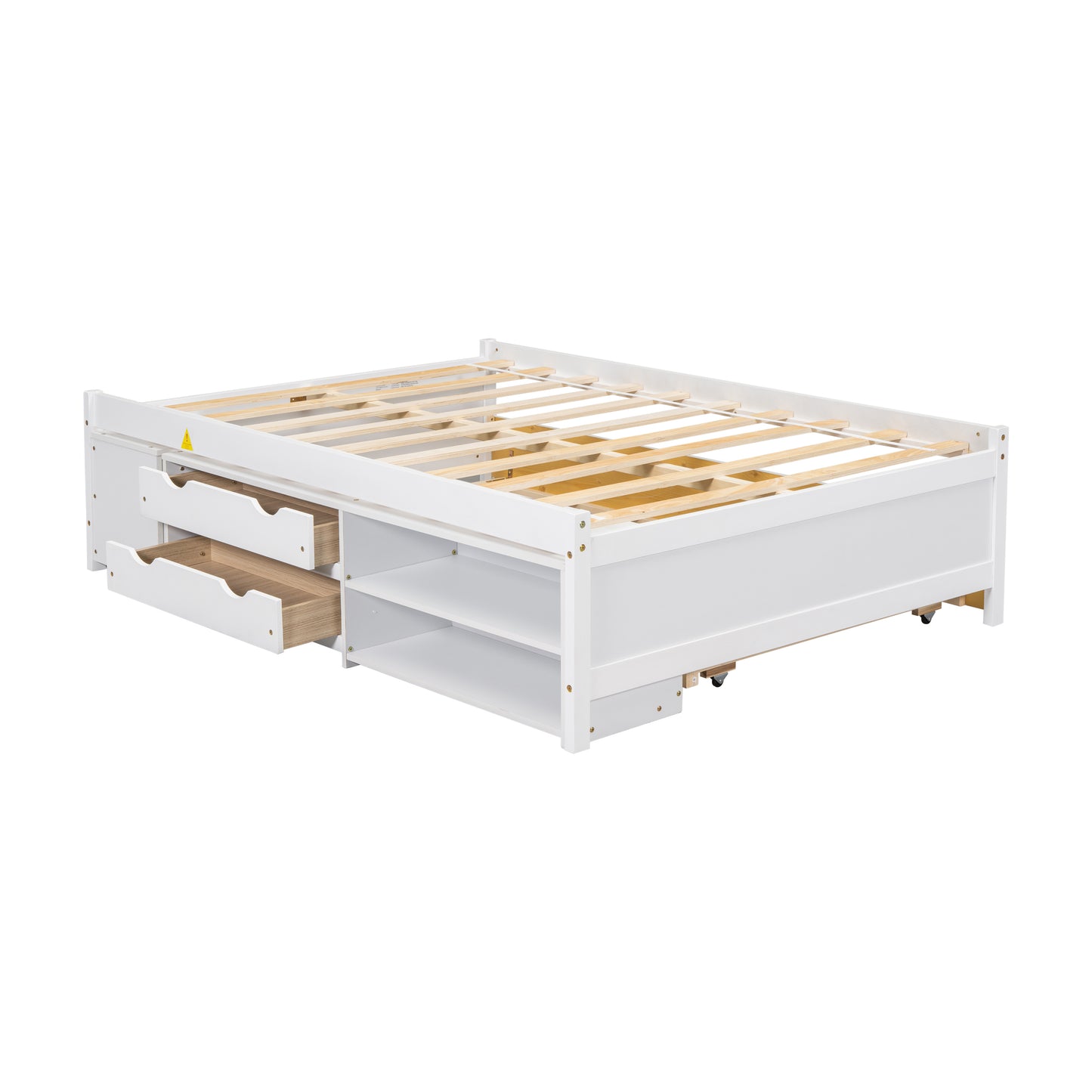 Cama completa versátil con nido, caja de almacenamiento debajo de la cama y mesita de noche. Blanco