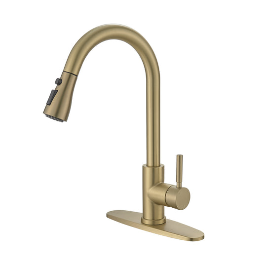 Nickel Gold Kitchen Sink Faucet with Deck Plate Kitchen Faucets with Pull out Sprayer Single Handle Kitchen Faucet