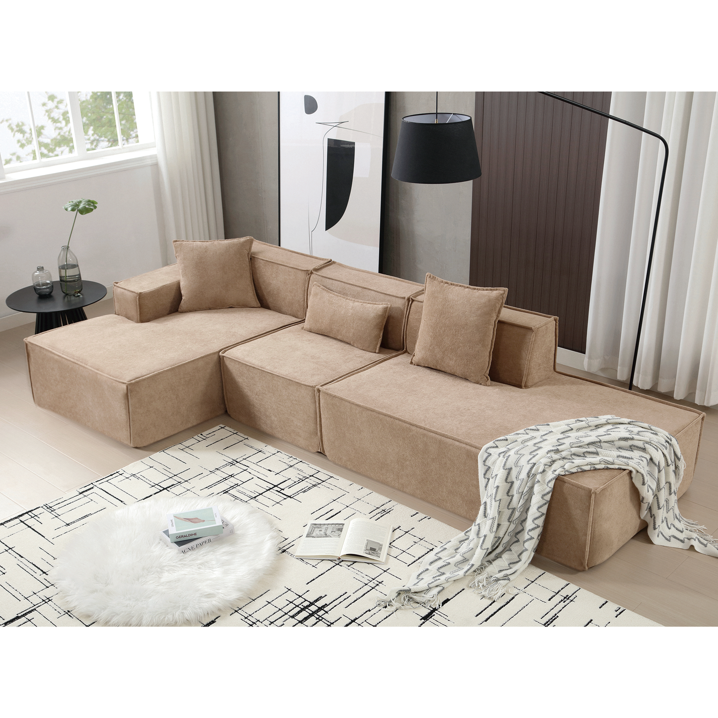 [VIDEO PROVIDED] Modular combination living room sofa set, modern minimalist sofa, free installation sofa, L-shaped, Italian minimalist tofu block sofa, Left-Hand Facing, Light Brown