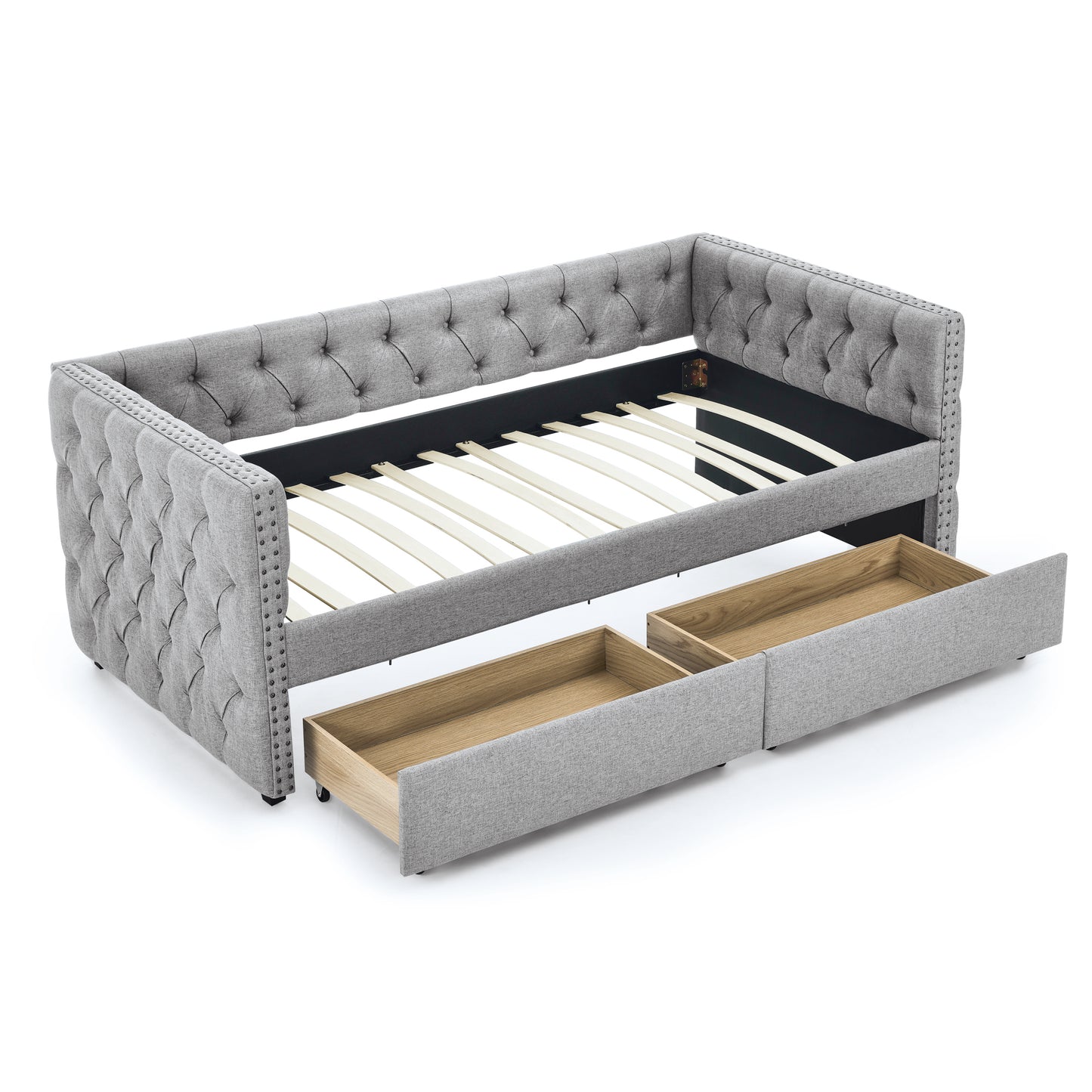 Upholstered Twin Size Daybed with Two Drawers, with Button and Copper Nail on Square Arms, Grey (82.75''x43''x30.75'')