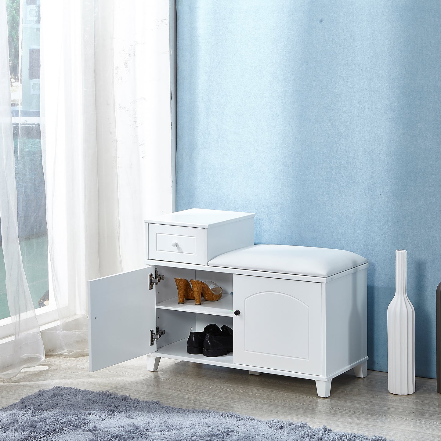 Banco de madera para almacenamiento de zapatos, mueble otomano con cajón, color blanco