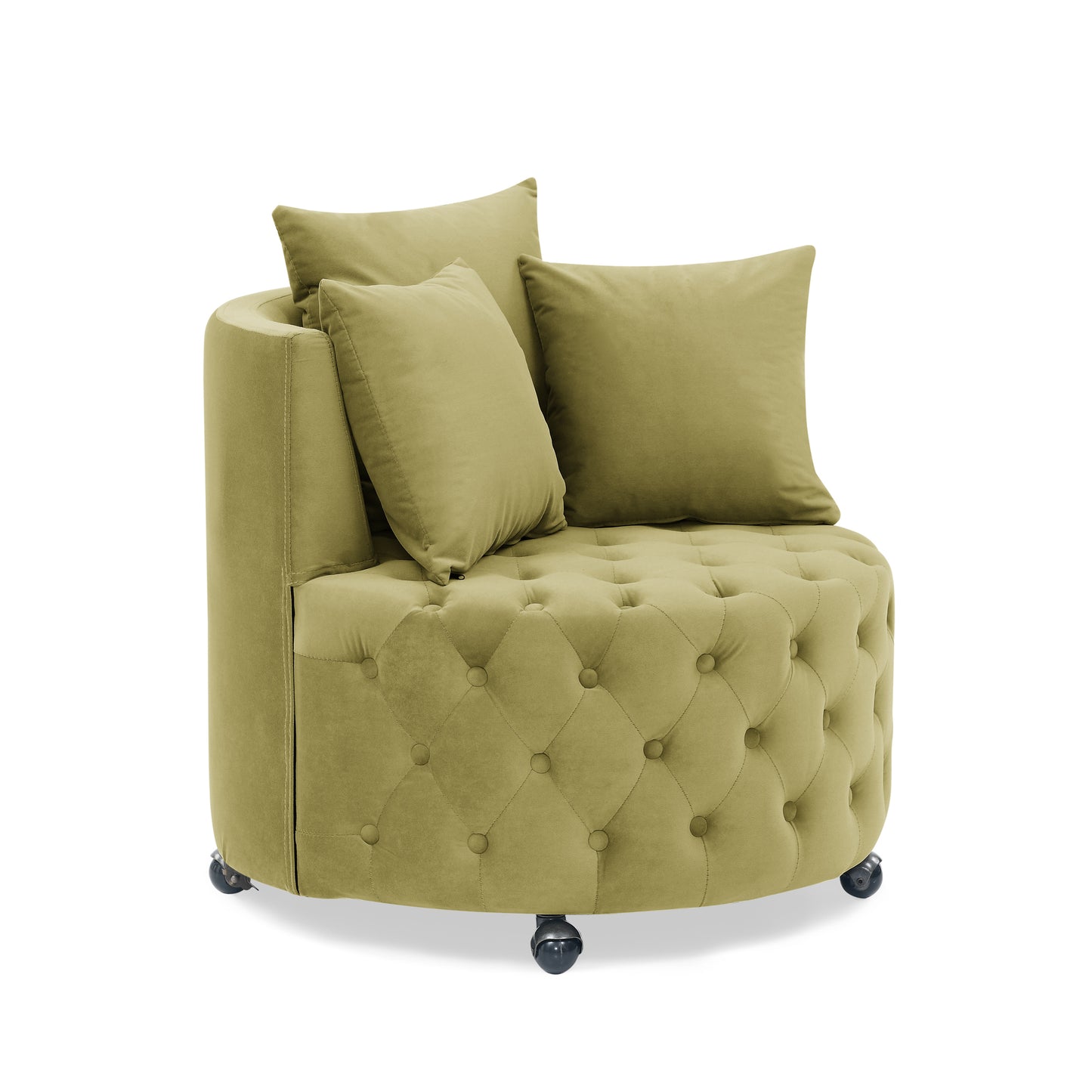 Silla giratoria tapizada en terciopelo para sala de estar, con diseño de botones y ruedas móviles, incluye 3 almohadas, verde caqui