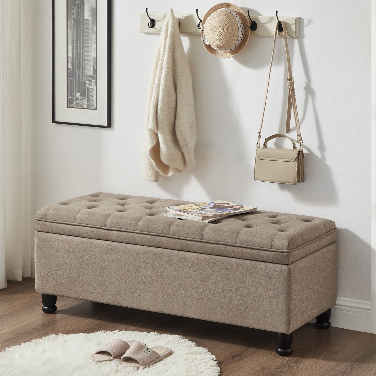 Upholstered tufted button storage bench ,Linen fabric entry bench with spindle wooden legs, Bed bench- Linen