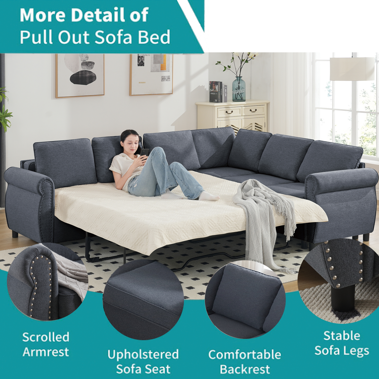 [NEW ARRIVED] [VIDEO PROVIDED] Sleeper Sofa, 2 in 1 Pull Out Couch Bed,6 seater sofa bed, L Shaped Sleeper Sectional Sofa Couch,Riveted sofa,104'' Large combined sofa Bed in living room, Dark Gray