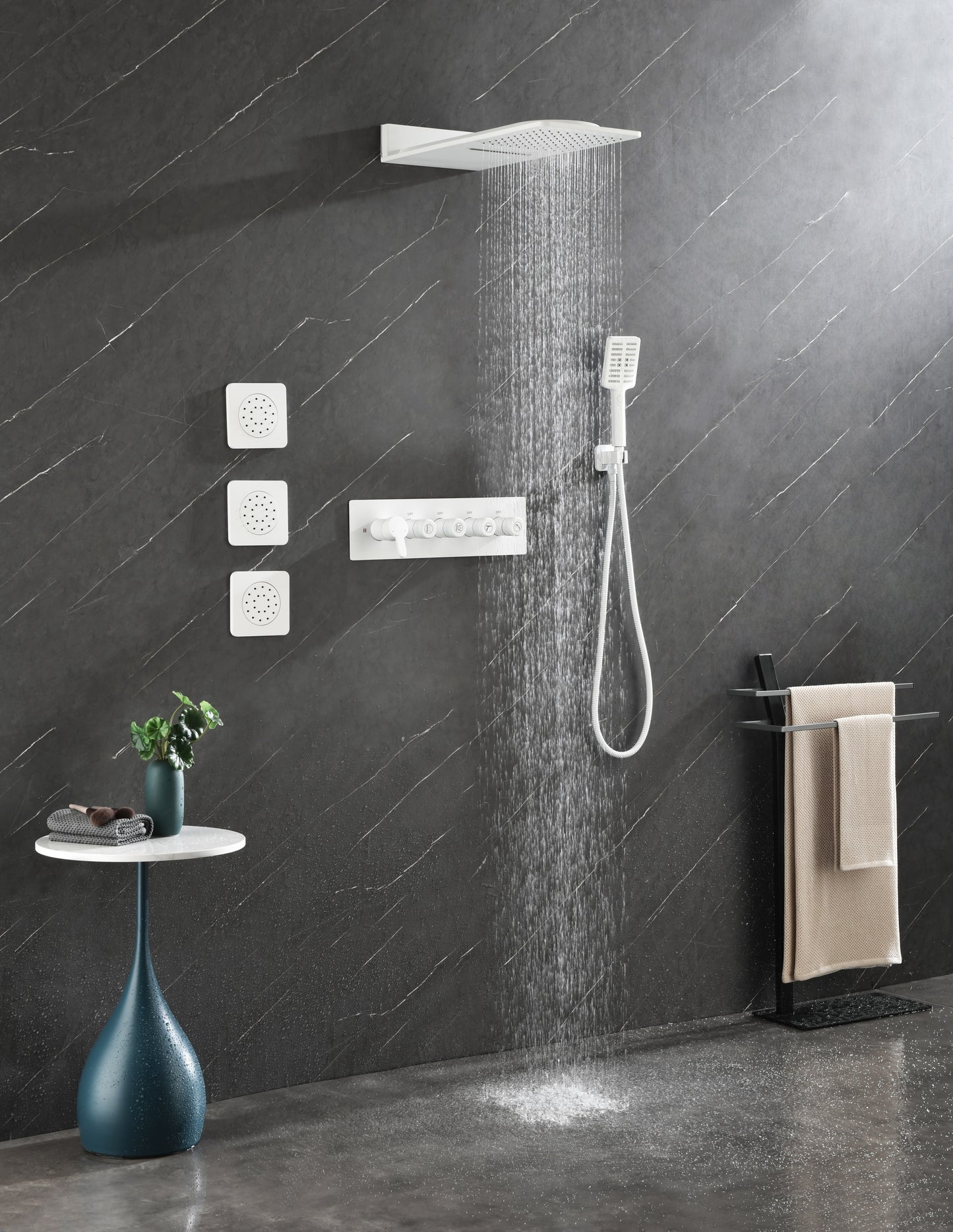 Wall Mounted Waterfall Rain Shower System With 3 Body Sprays & Handheld Shower