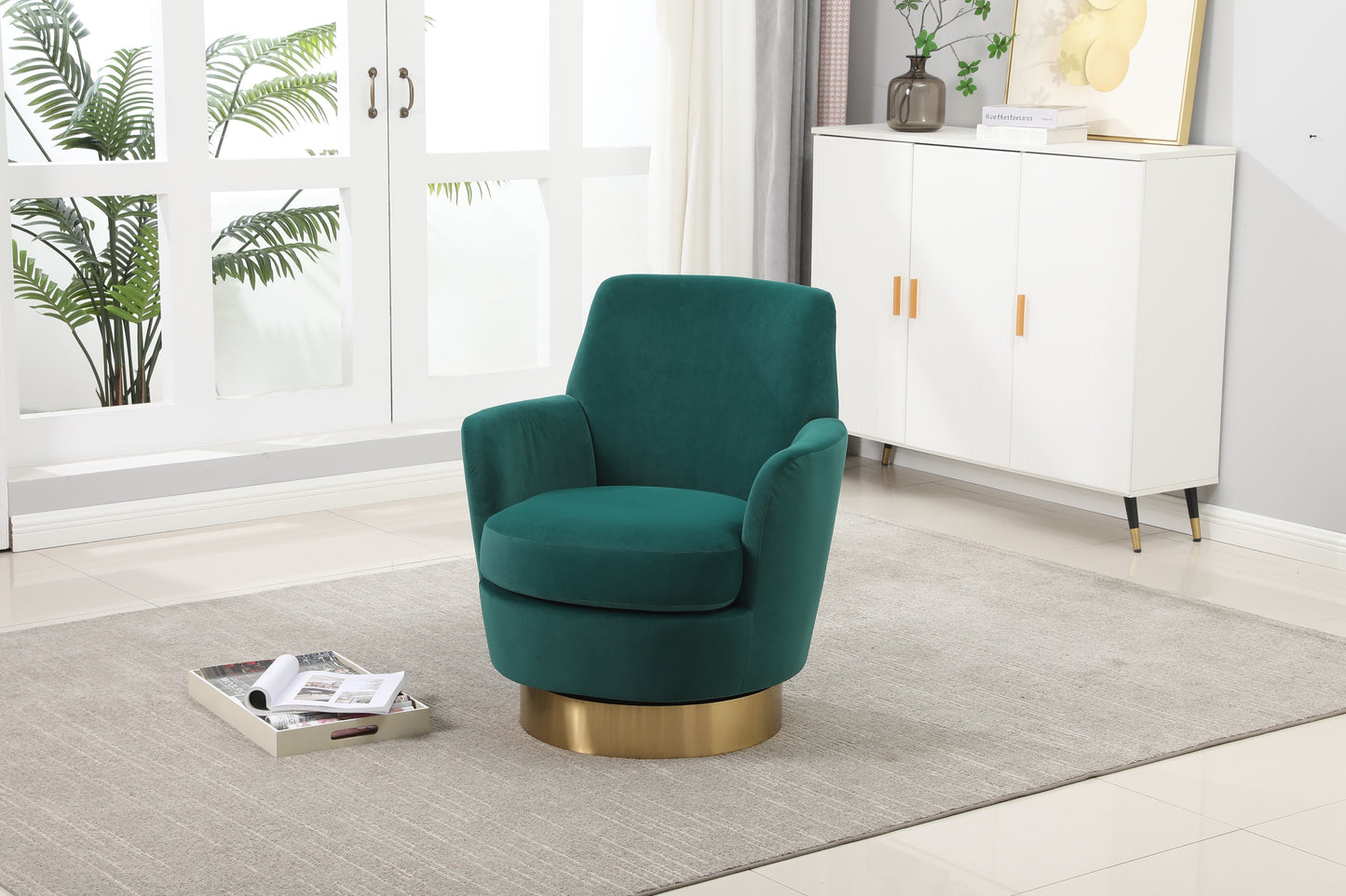 Velvet Swivel Barrel Chair, Swivel Accent Chairs Armchair for Living Room, Reading Chairs for Bedroom Comfy, Round Barrel Chairs with Gold Stainless Steel Base (Emerald)