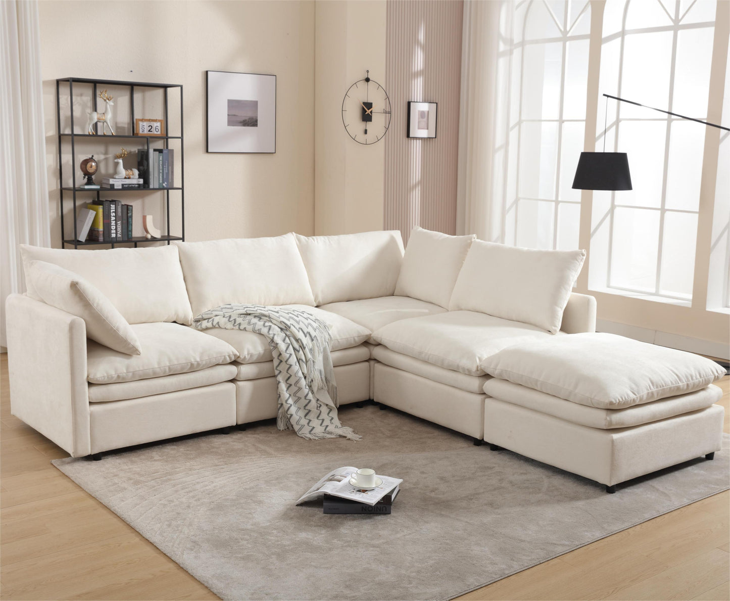 [VIDEO PROVIDED] Modern U-shaped Sectional Sofa ,5-seat Upholstered  Sofa Furniture,Sleeper Sofa Couch with Chaise Lounge for Living Room,Apartment,Beige, Polyester